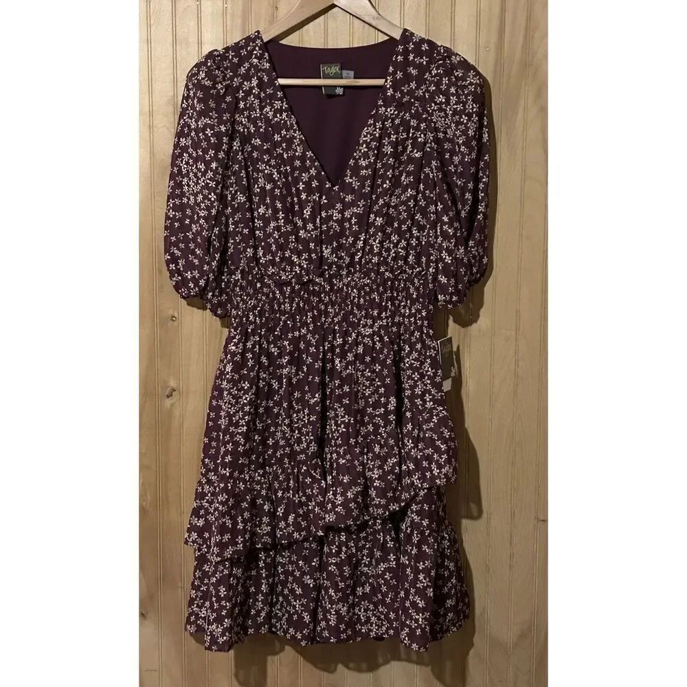 TAYLOR Women's Size 10 Floral-Print Tiered Ruffle Hem Dress V-Neck Smocked Waist